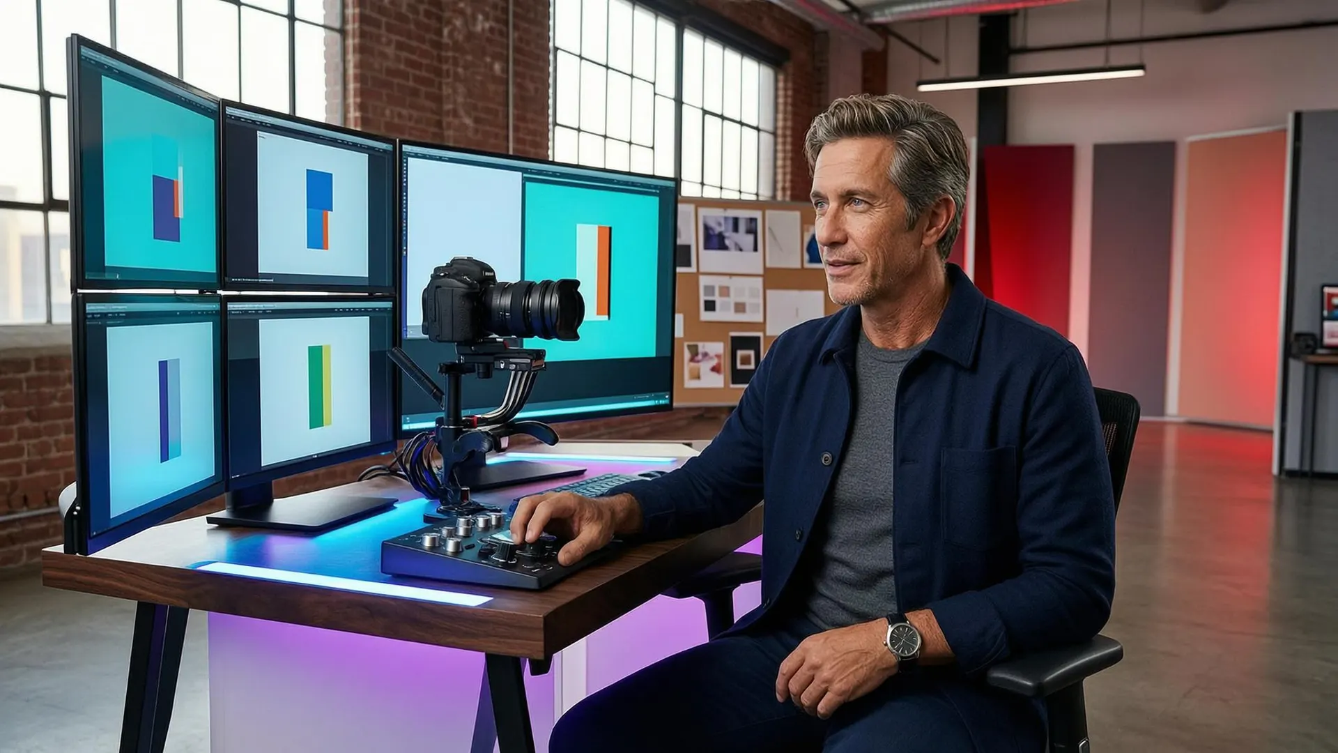 Video creator editing five reusable AI influencer scenes at a modern workstation