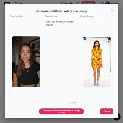 Videoanpassungspanel zur Verfeinerung von Outfits und Szenen