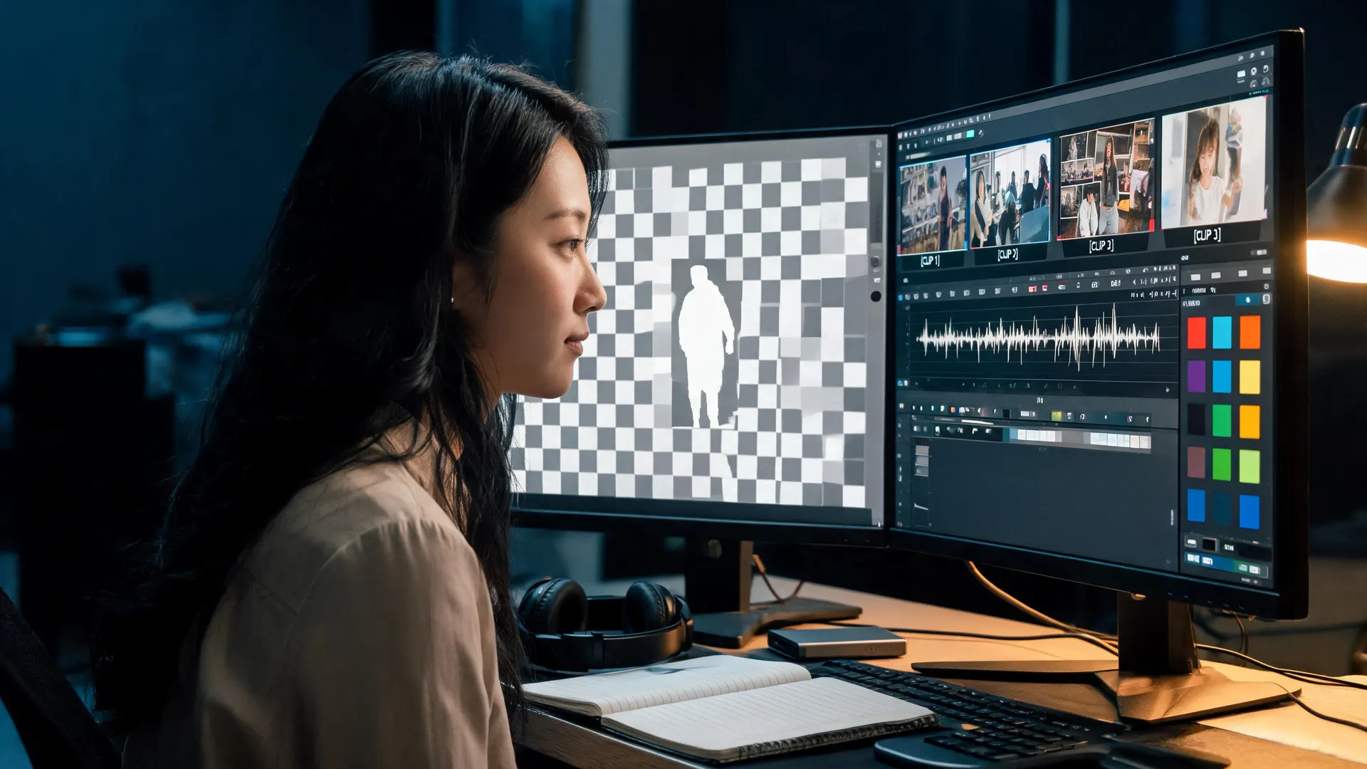 Videoeditor, der Transparenz, Audio, Farbe und Bildsequenzdetails für eine KI-Videoübergabe überprüft.