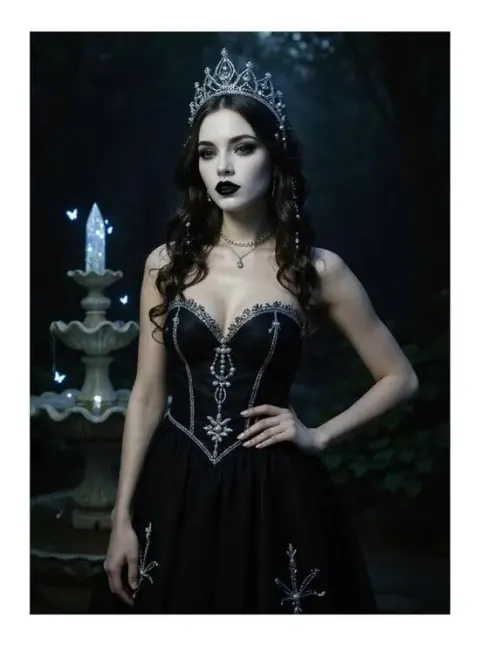Verspieltes Goth-KI-Mädchen mit schwarzem Lippenstift und Perlenkleid