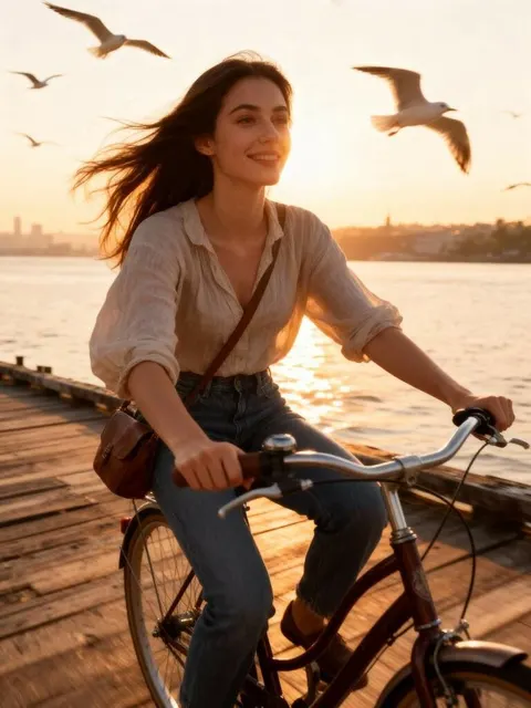 Frau fährt bei Sonnenaufgang am Fluss Fahrrad, optimiert mit InVideo AI-Funktionen für sanfte Beleuchtung.