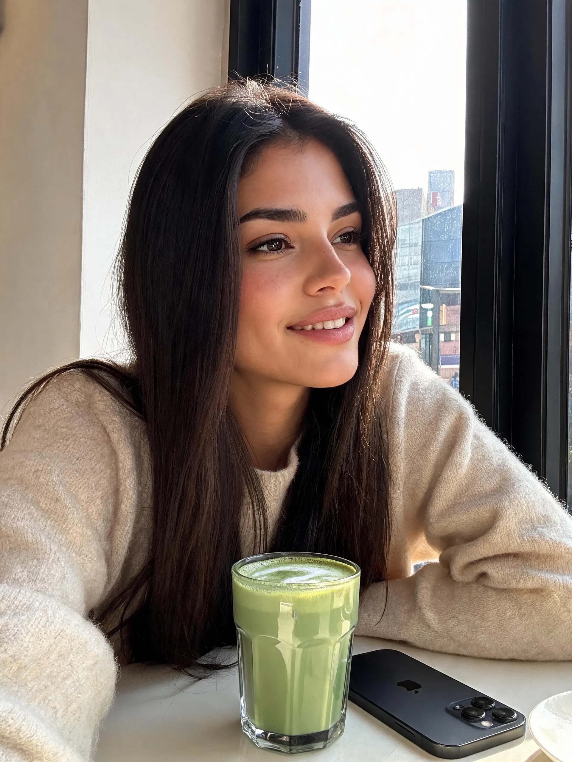 Mulher bebendo um smoothie verde ao lado de uma janela brilhante
