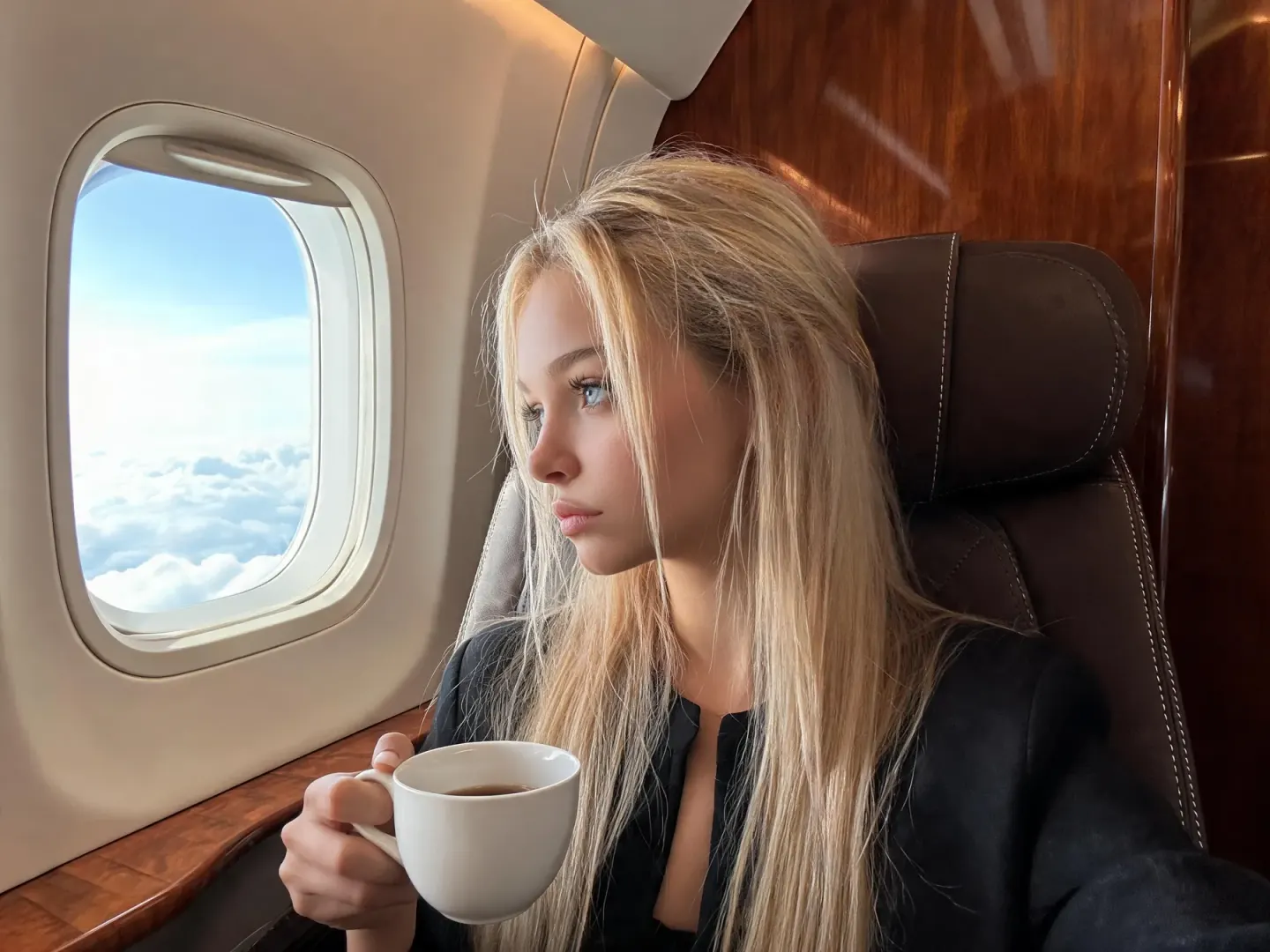 Femme tenant une tasse près du hublot d’un avion dans une cabine luxueuse