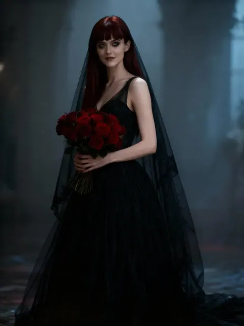 Frau im schwarzen Brautkleid mit Schleier und roten Rosen, Seedream 4.0 kostenlos.