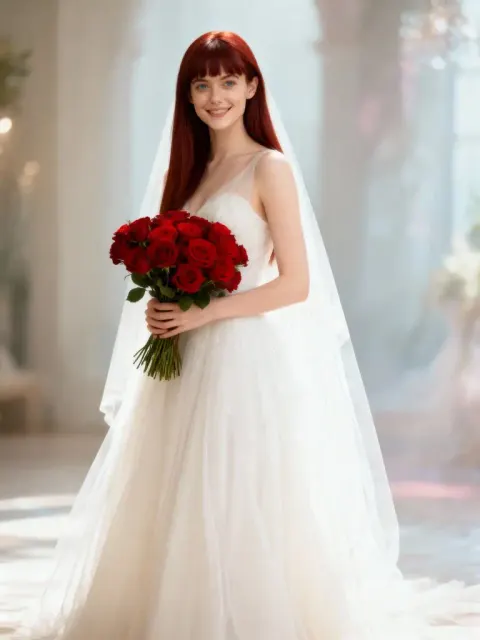 Frau im weißen Brautkleid mit Schleier und roten Rosen, Seedream 4.0 kostenlos.