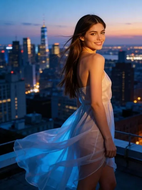 KI-Freundin-Generator/Virtuelle Freundin: Nächtliches Date auf einer Dachterrasse mit einer atemberaubenden KI-Freundin in einem fließenden weißen Kleid vor der Skyline der Stadt.