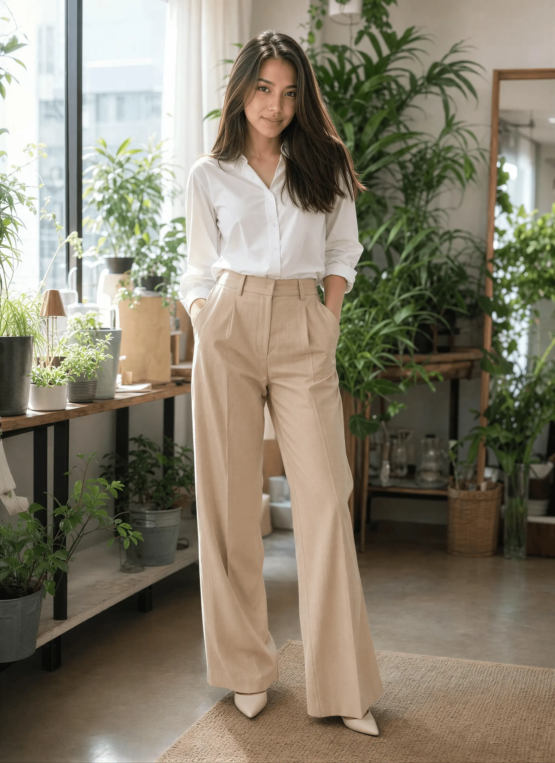 Mulher de blusa branca e calça bege em uma sala repleta de plantas