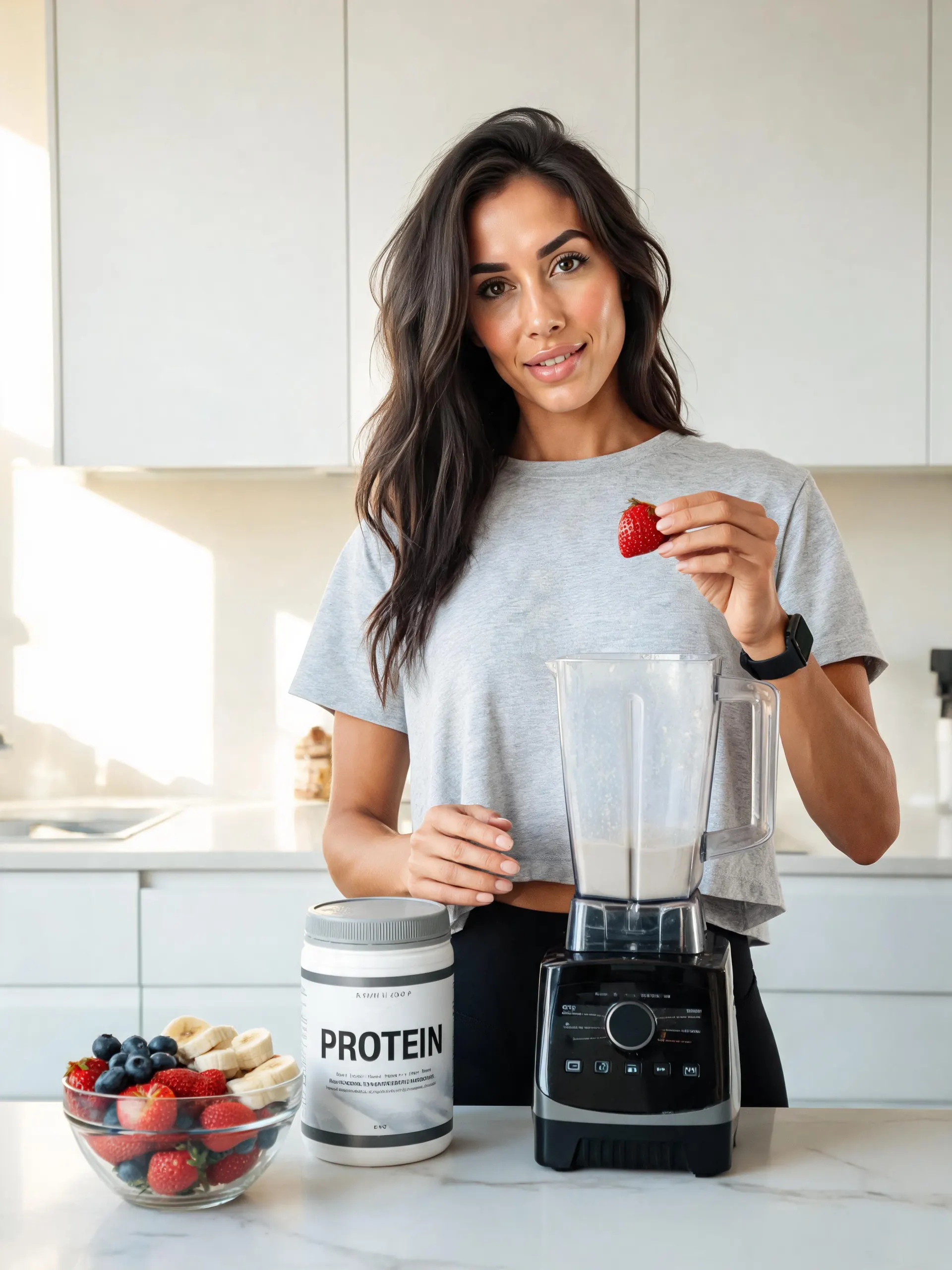 Femme préparant un smoothie protéiné dans une cuisine lumineuse