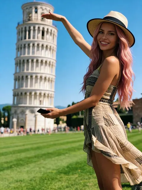 Woman posing near the Leaning Tower of Pisa on a sunny day