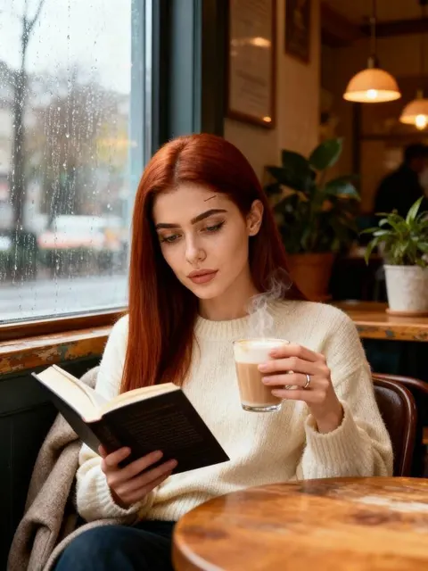 Frau, die am Caféfenster liest, verbessert durch InVideo-KI-Funktionen für eine regnerische Stimmung.