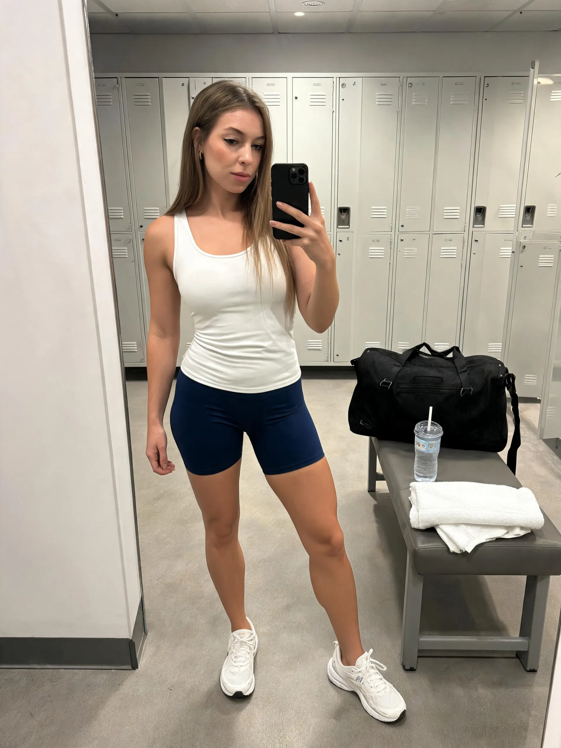 Femme prenant un selfie miroir de salle de sport à côté des casiers