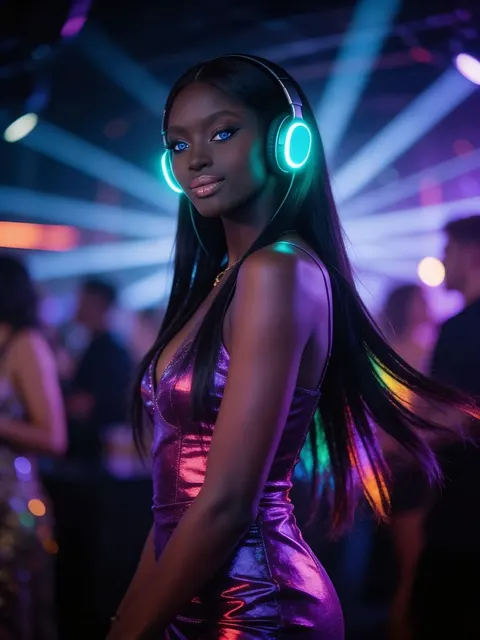 Woman wearing glowing headphones in a neon nightclub
