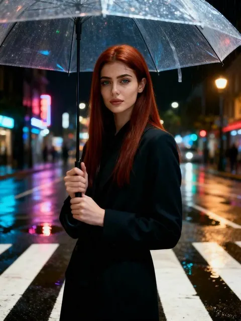 Frau mit Regenschirm bei Nacht, die InVideo AI-Funktionen für spiegelnde Straßen nutzt.