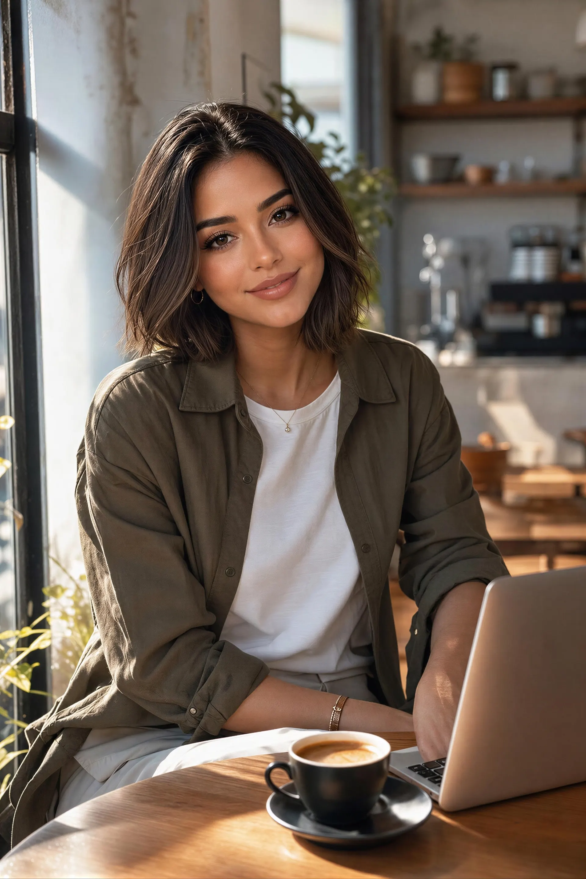 Mulher trabalhando em um laptop com café em uma cafeteria
