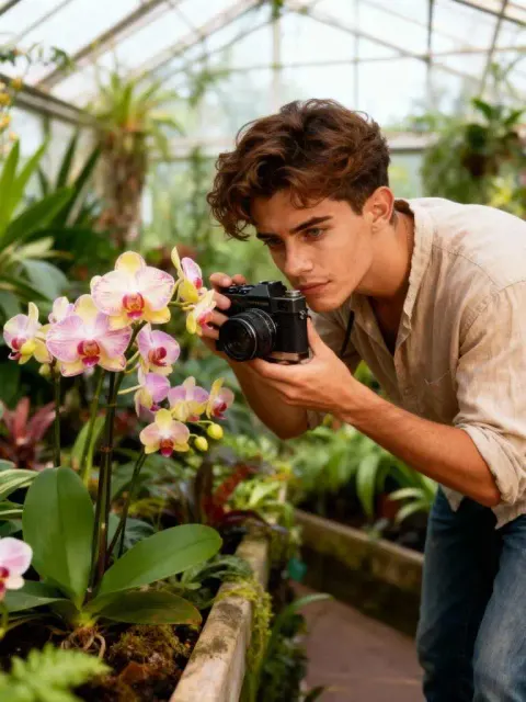 Junger Mann, der Orchideen im Gewächshaus fotografiert, warmes Licht, Luma AI Dream Machine.