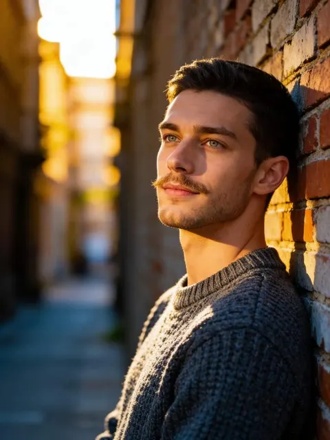 Young man portrait against warm city lights
