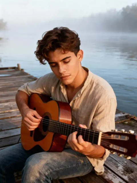 Junger Mann, der seine Gitarre am nebligen Fluss stimmt, ruhiger Morgen, im Stil von Luma AI Dream Machine.