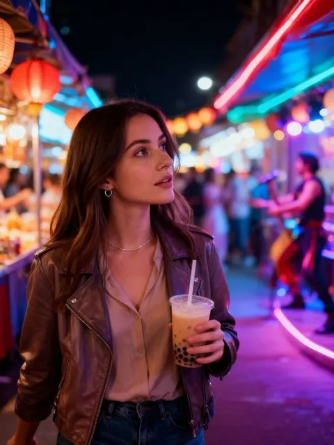 Junge Frau auf einem Neon-Nachtmarkt, die InVideo-KI-Funktionen für lebendige Szenendetails nutzt.