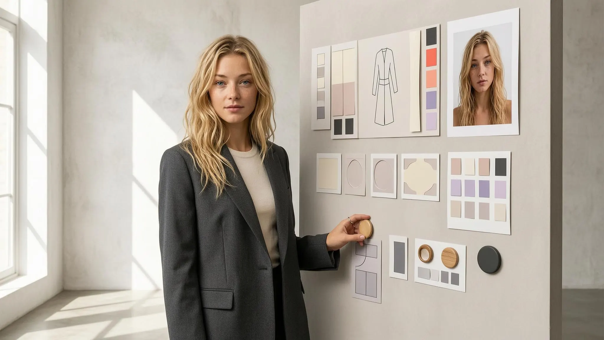 Designer de marca apresentando um quadro de referência, paleta, guarda-roupa, guias de corte e aprovações de influenciadores de IA