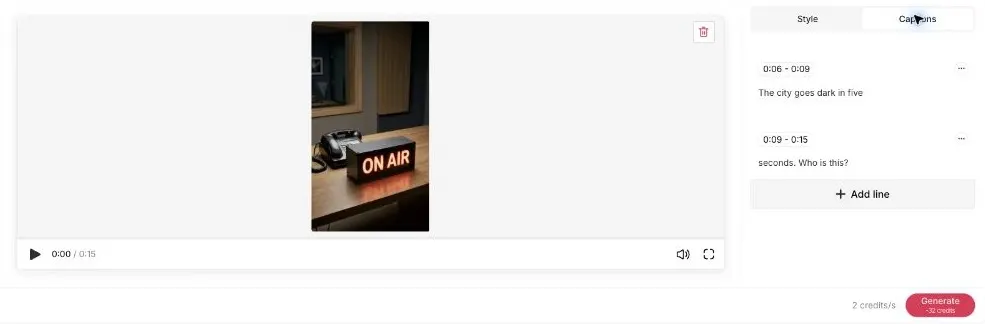 APOB Add subtitles editor with a generated 15-second vertical radio-studio clip, recognized dialogue and editable caption timing.