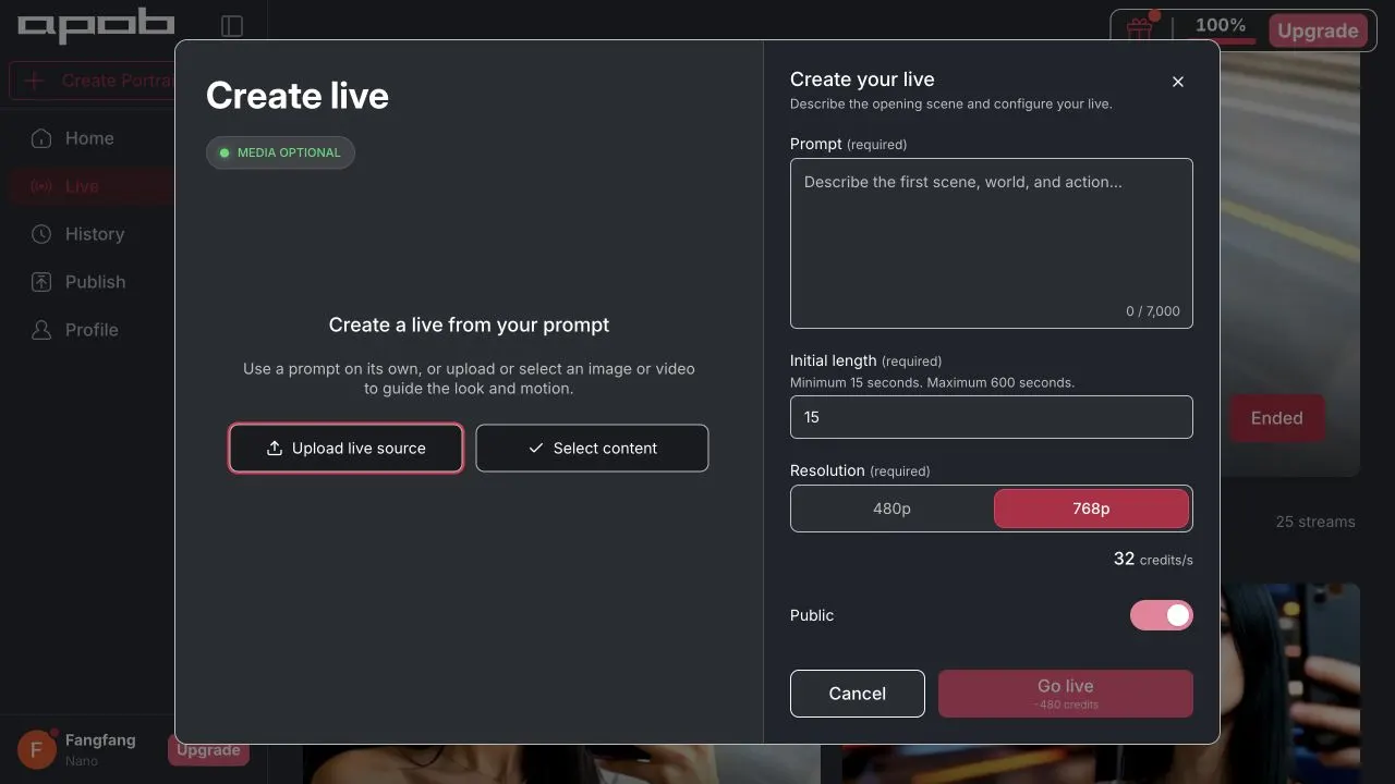 APOB Create live dialog showing prompt-only, upload, and Select content source options