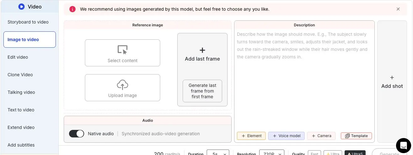 APOB Videomenü mit ausgewähltem Bild-zu-Video-Modus und Steuerung zum Hochladen eines Referenzbilds.