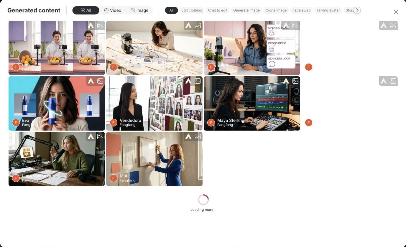 Seletor de conteúdo gerado APOB com filtros de imagem, vídeo e tipo de criação