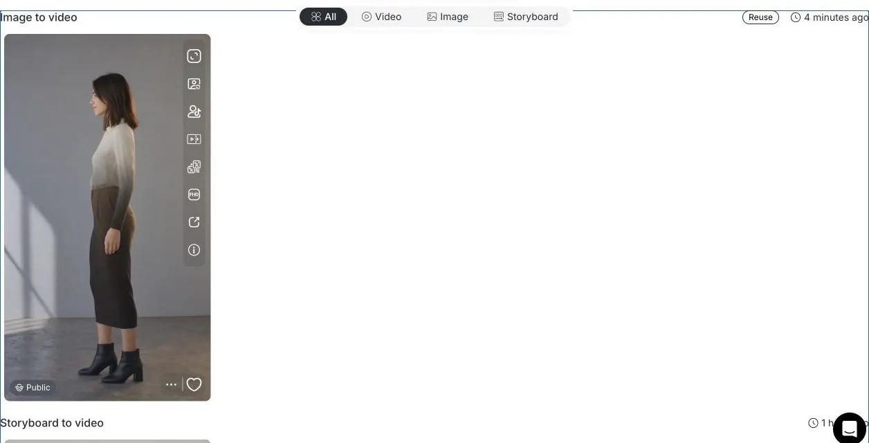 Historique de génération APOB avec un résultat image-to-video vertical terminé et prêt pour un examen du clip en entier