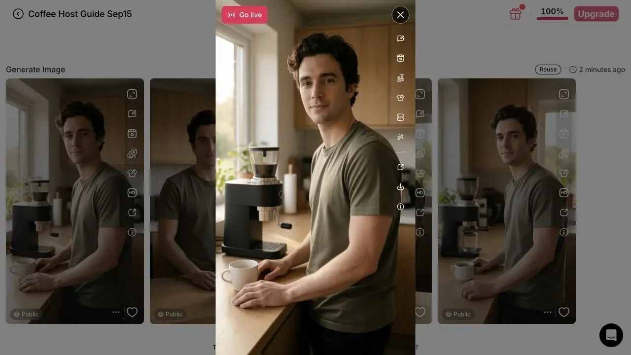 Pré-visualização da imagem APOB com ícones de ação para download e de imagem para vídeo ao lado da imagem gerada do coffee-host