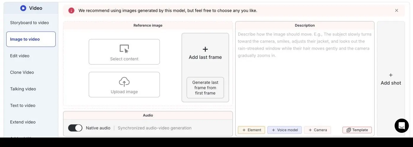 Commandes APOB Image to video affichant Native audio, Voice model, Camera, l’image de fin facultative et Add shot