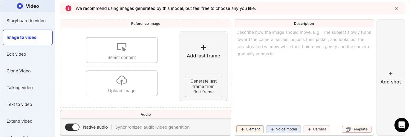 APOB Image to video panel with reference image, optional last frame, motion description, audio, and Add shot
