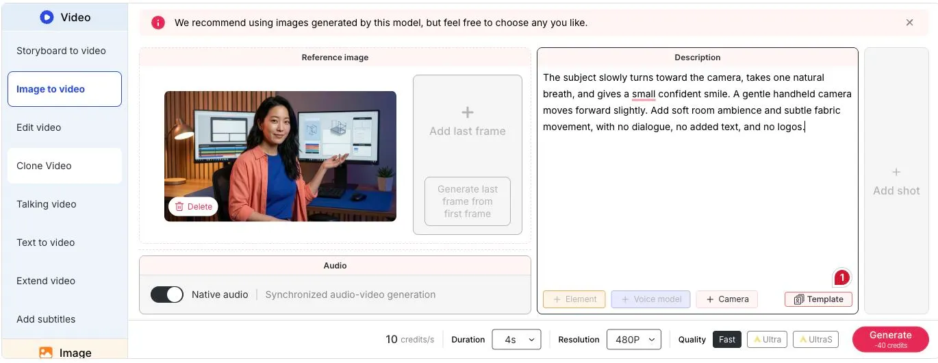 APOB Bild-zu-Video-Test mit Startbild, Bewegungsanweisung sowie Einstellungen für Dauer und Qualität.