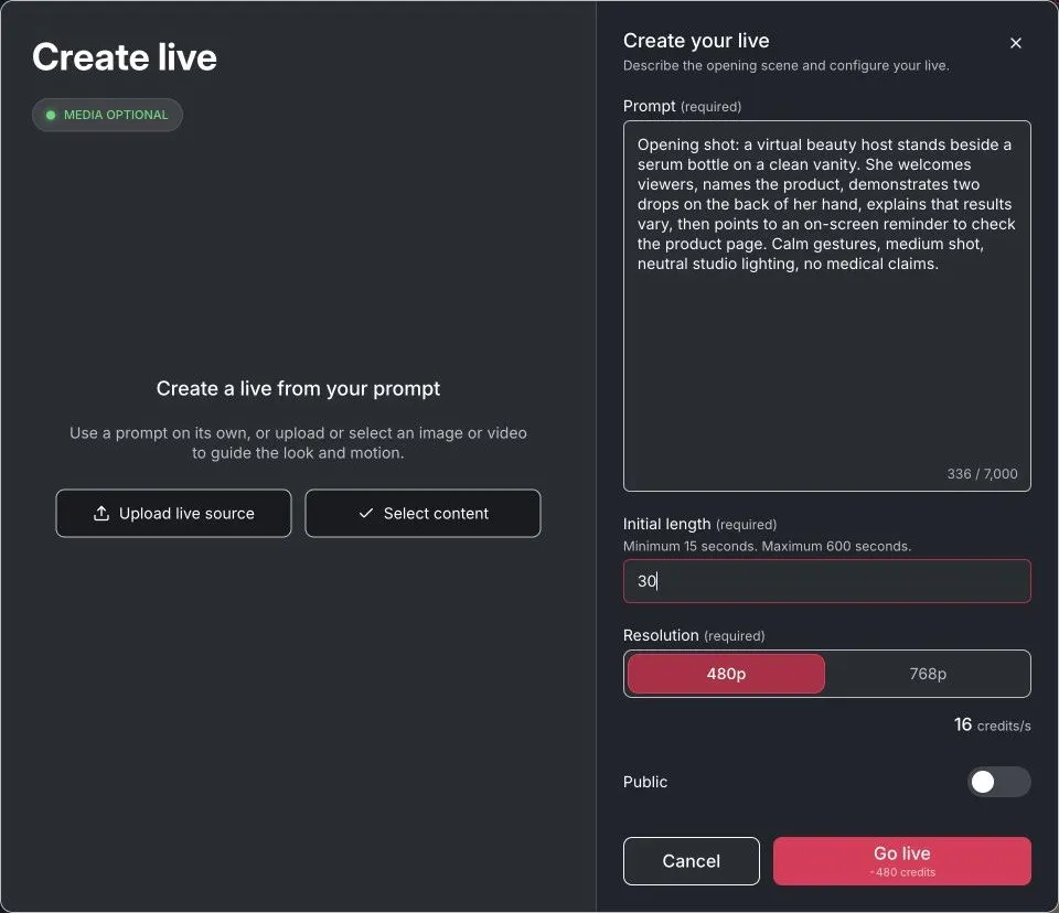 Duração inicial do APOB Live, resolução de 480p, comutação pública e estimativa de créditos