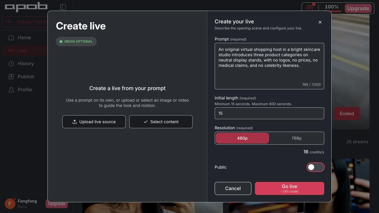 APOB Live setup with a structured opening prompt, 15-second length, 480p resolution, and Public switched off