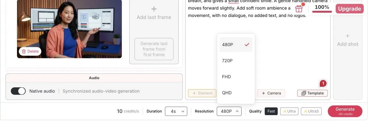 Menu de résolution APOB affichant les options 480P, 720P, FHD et QHD dans le workflow Image-to-Video testé