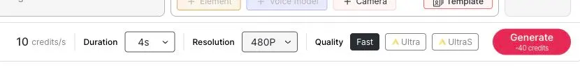 Paramètres APOB affichant la qualité Fast, la résolution 480P, une durée de quatre secondes et un tarif de génération de 40 crédits