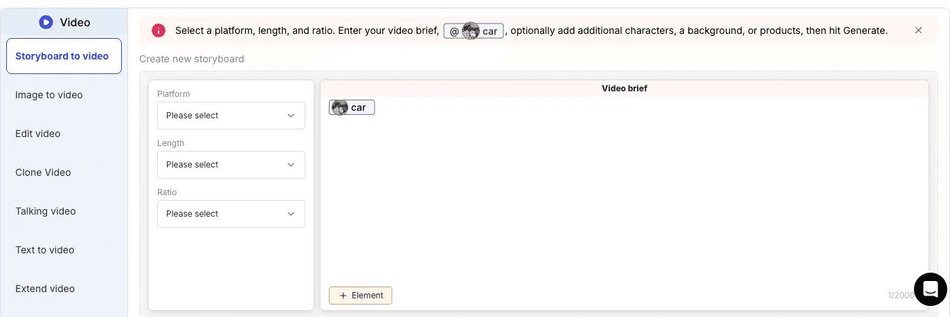 APOB Storyboard to video panel with platform, length, ratio, Video brief, and Element controls