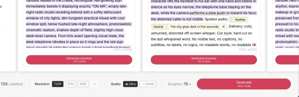 APOB storyboard video settings with quality, resolution, planned duration and the displayed credit cost.