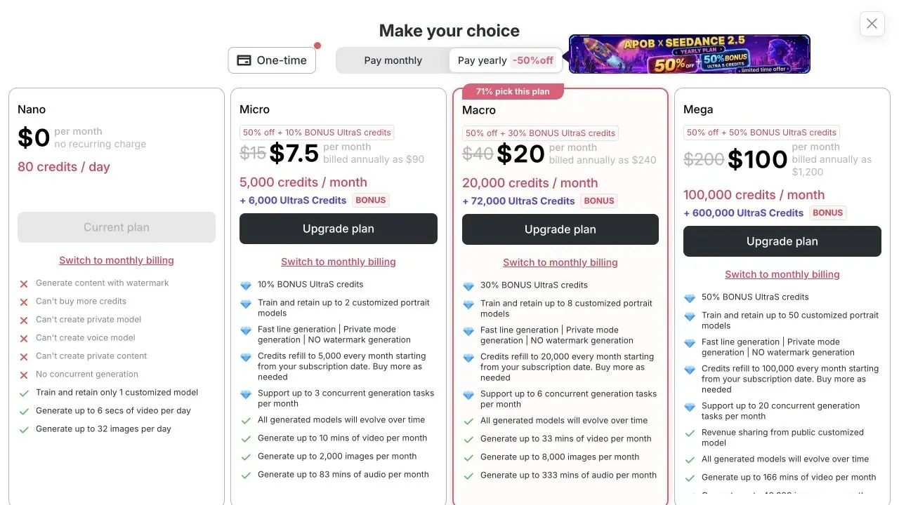 Página de assinatura da APOB mostrando a oferta do Nano e as opções de faturamento pago