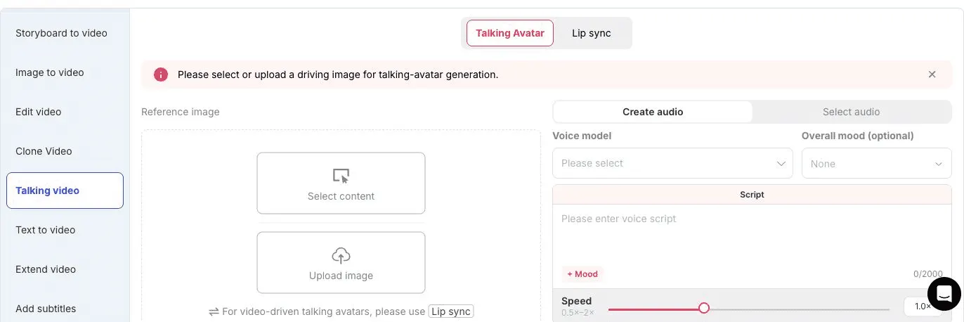 APOB Talking Avatar setup with reference-image controls, generated or selected audio, voice, mood, script, and speed