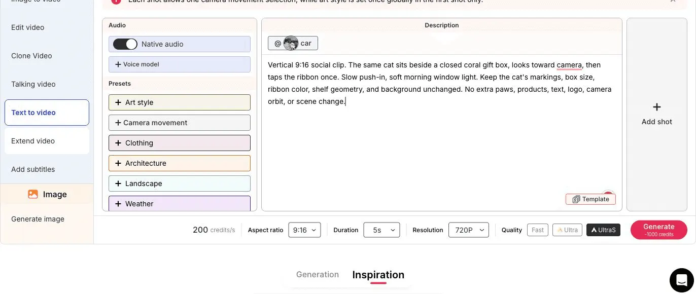 APOB Text to video composer showing a vertical cat-mascot prompt, camera controls, duration, quality, and credit estimate