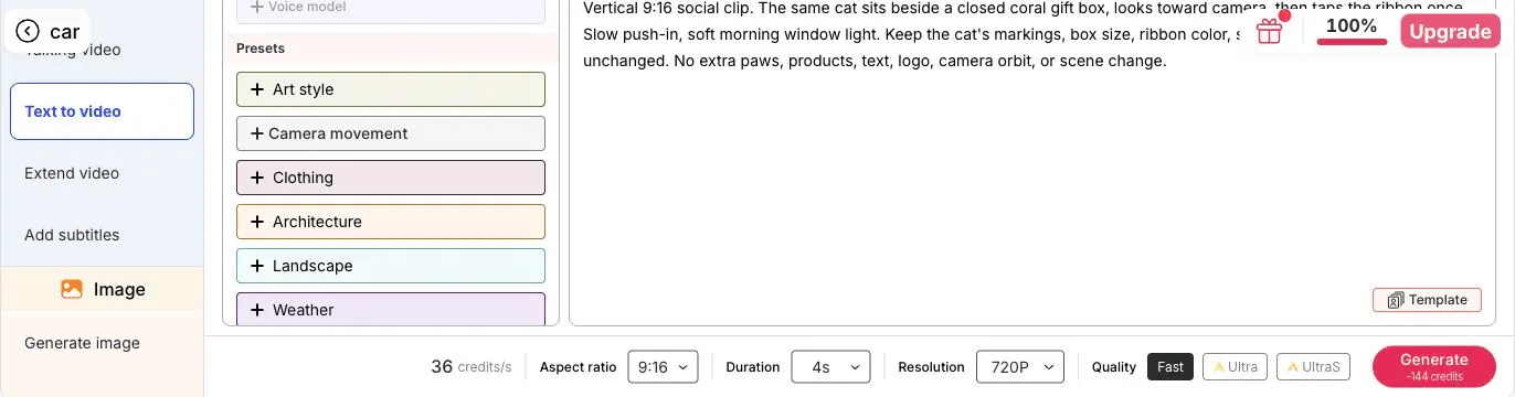 APOB Text to video Fast settings showing 9:16, four seconds, 720p, and a 144-credit estimate before Generate