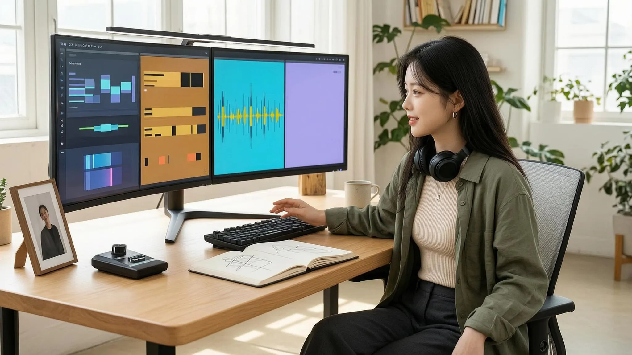 Creator comparing four conversational video edit tests and a consented personal avatar in a collaborative workspace.