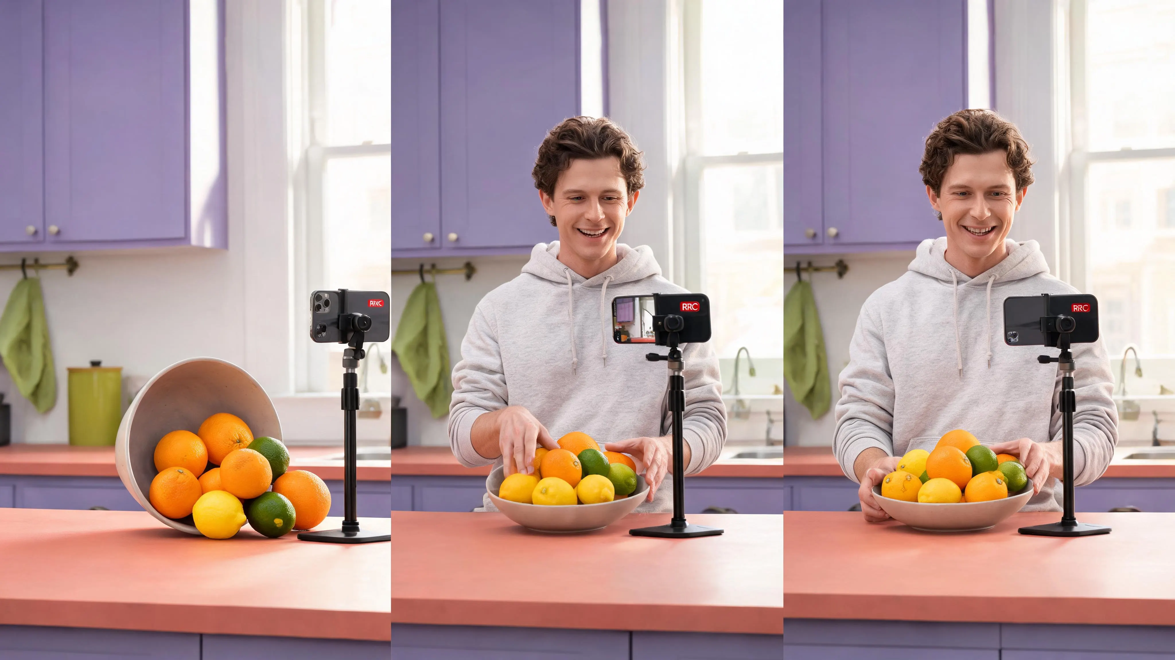 Creator filming a short vertical video with repeated props that connect the hook, proof, and loop