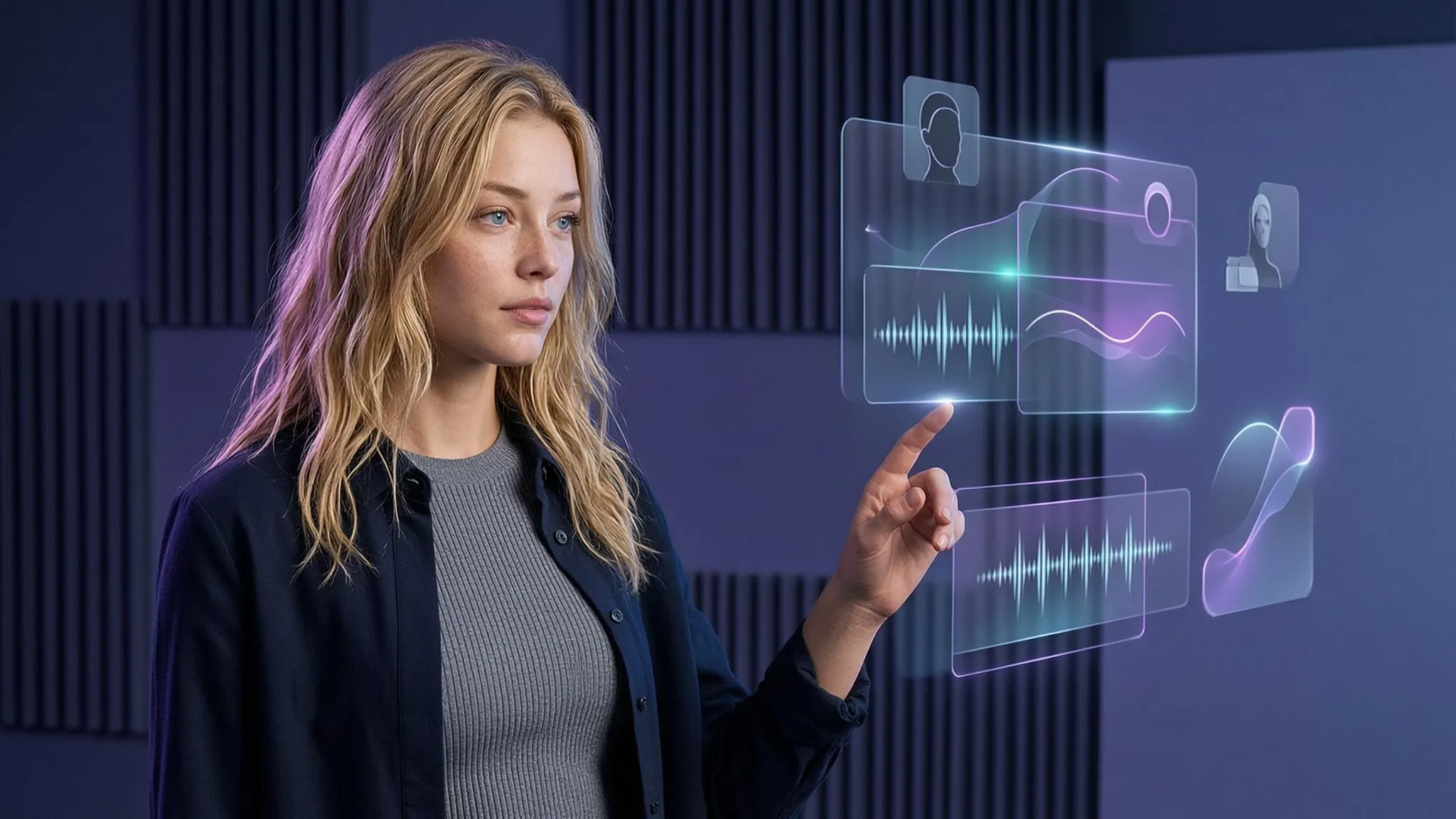 Criador transformando uma transcrição abstrata e uma forma de onda de áudio em vídeos de avatar horizontais e verticais