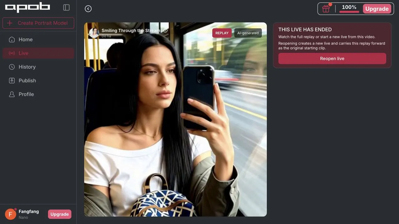 Ended APOB Live replay labeled AI-generated with duration details and the Reopen live action