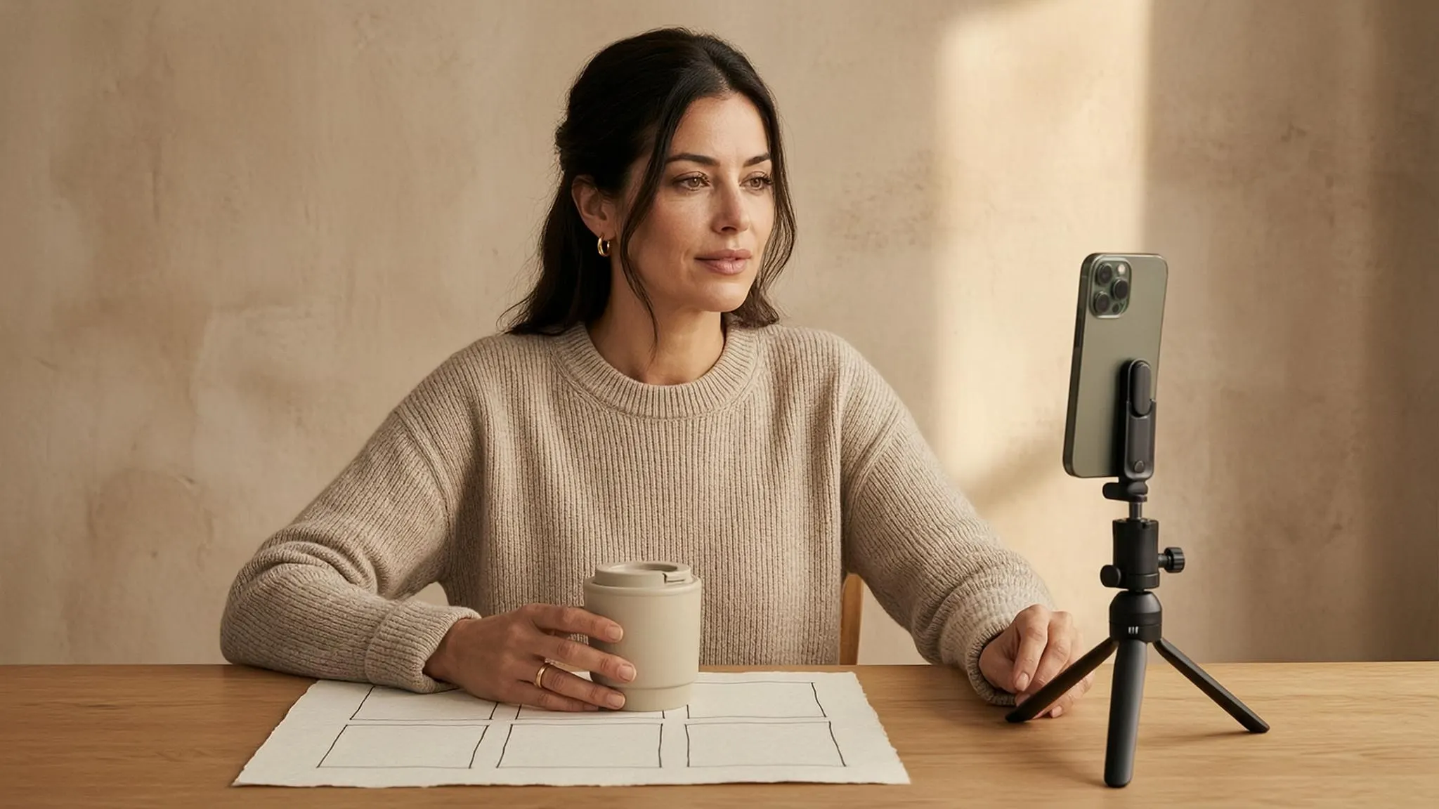 Créateur fictif filmant une simple tasse de voyage en céramique avec un téléphone sur un trépied