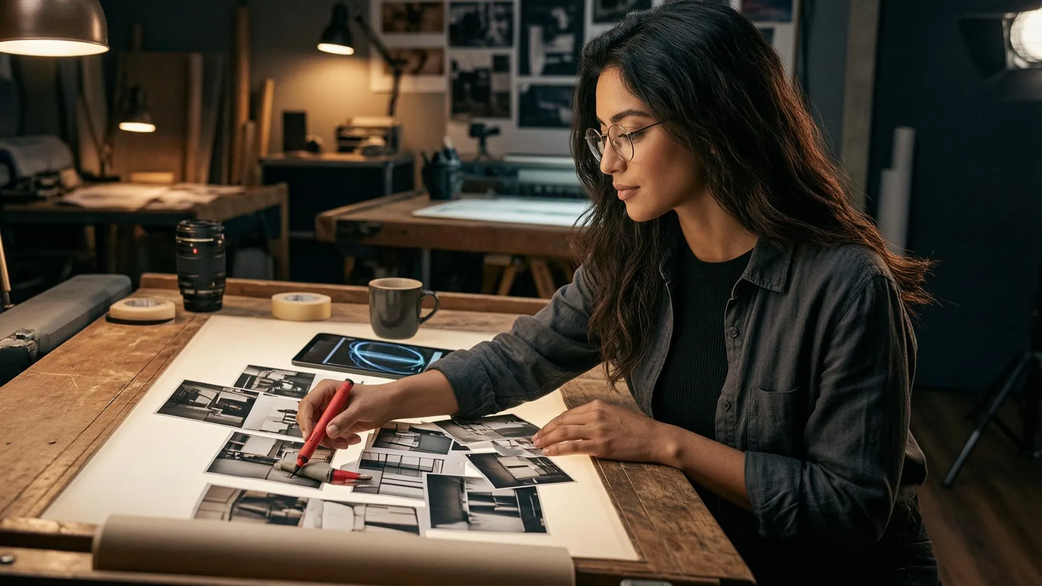 Filmmaker reviewing storyboard images for scene continuity