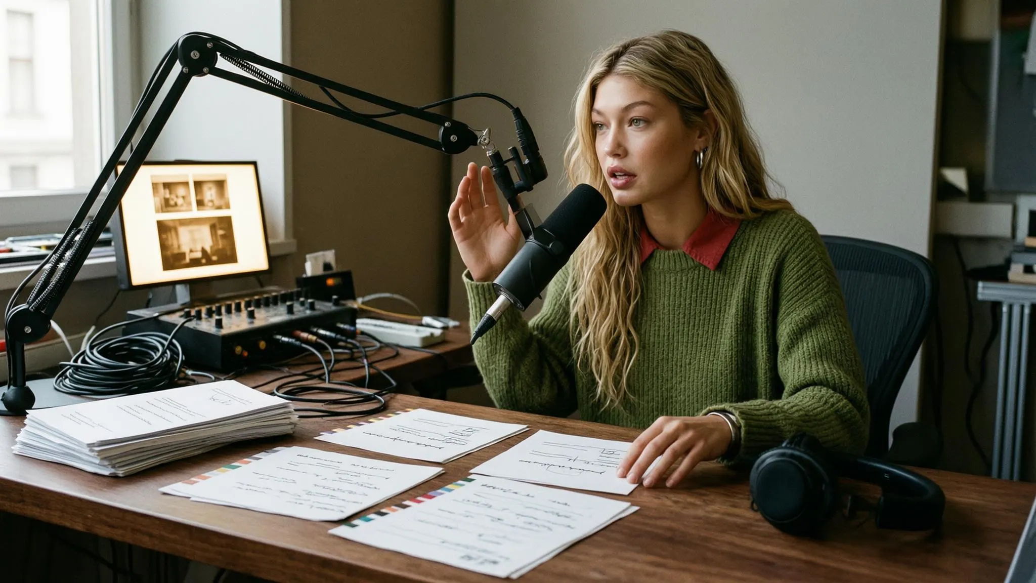Podcast producer turning researched source sheets into scene-ready beat cards