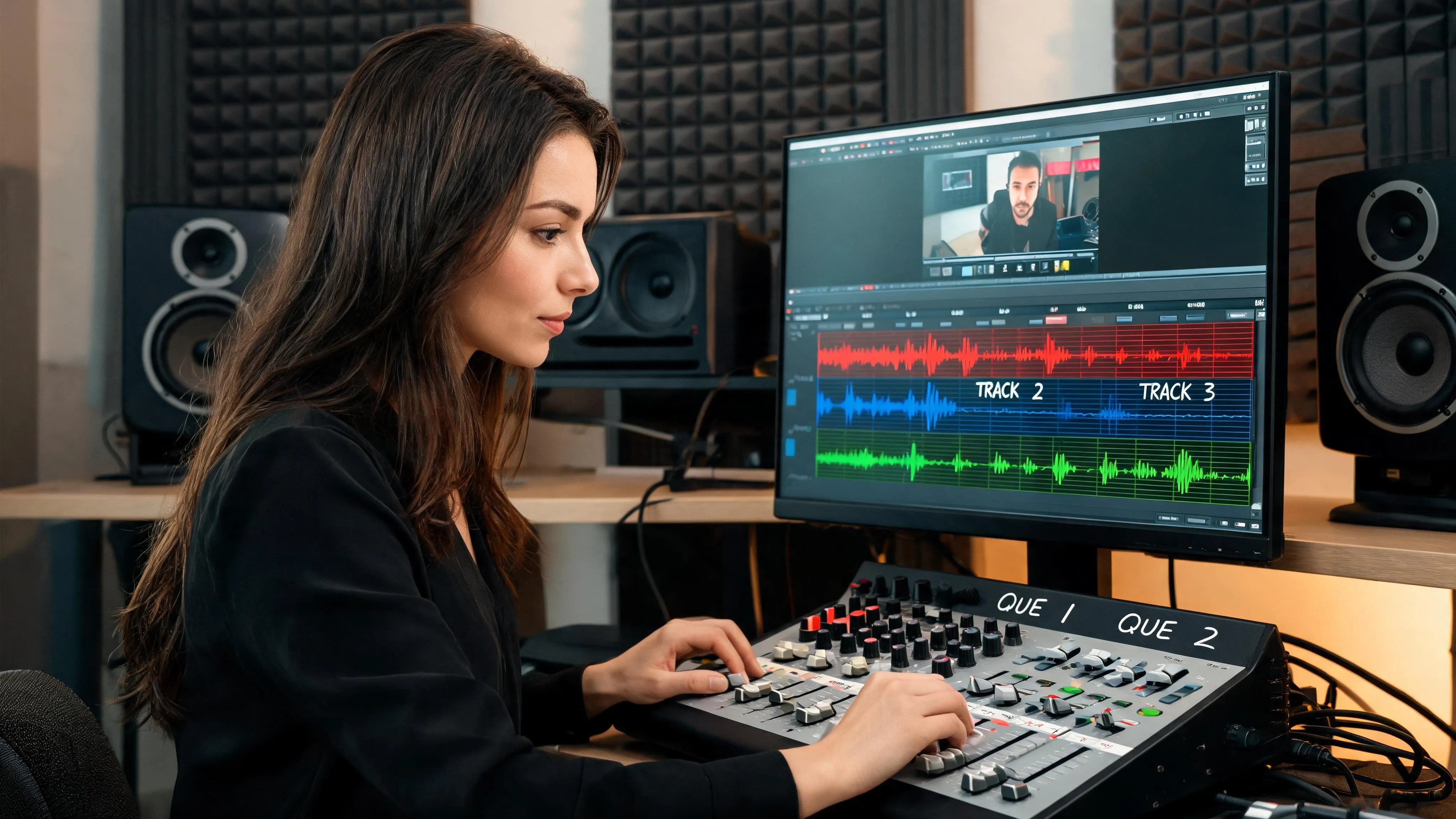 Sounddesigner testet Musik, Sprache und Effekte anhand eines gesperrten Produktvideo-Briefings